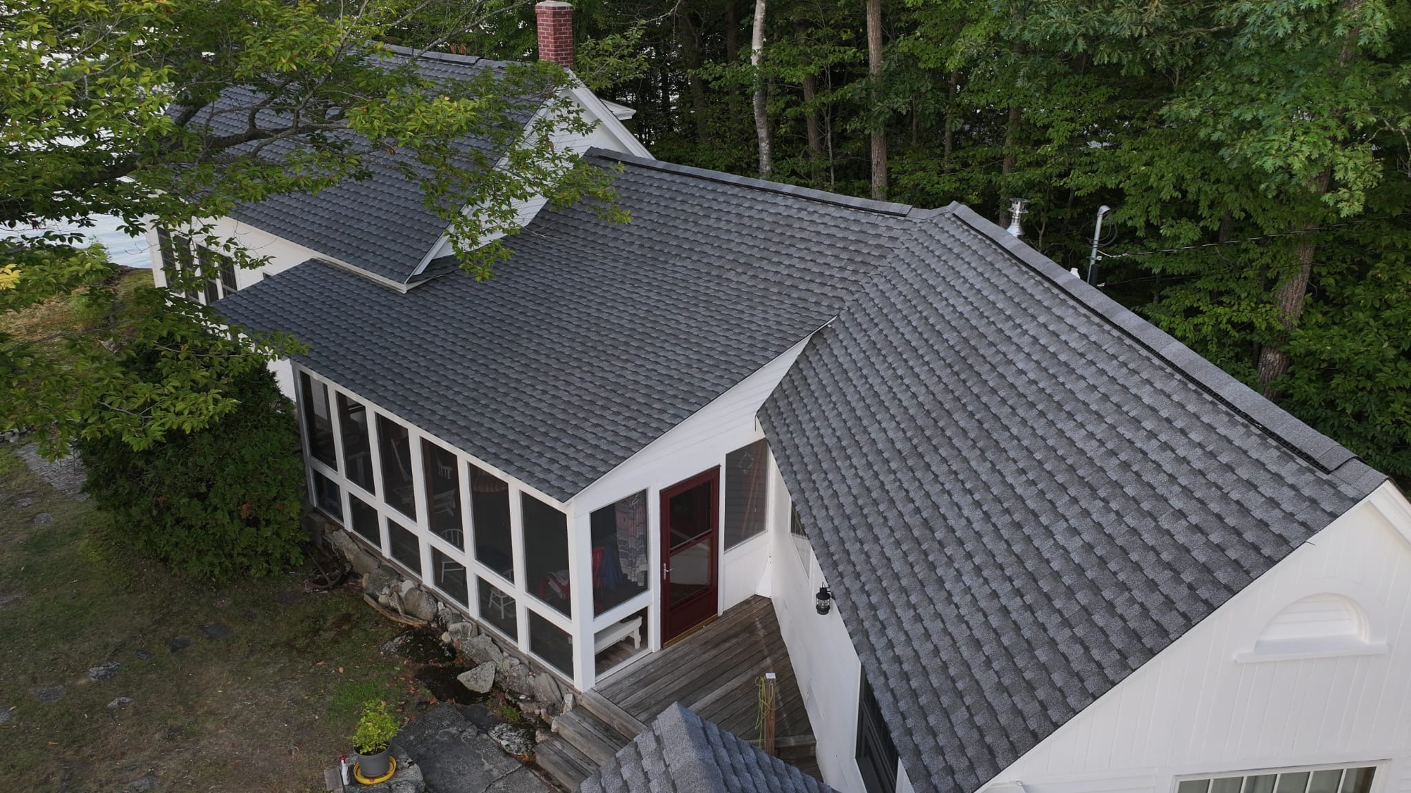 Aerial view of completed roofing project
